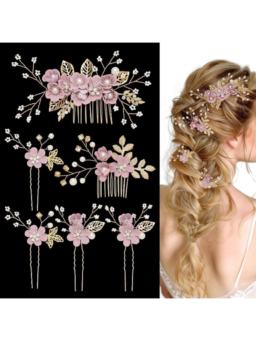 Women's Purple 6 Pcs French Rhinestone Bridesmaids Floral Bridal Hair Clips